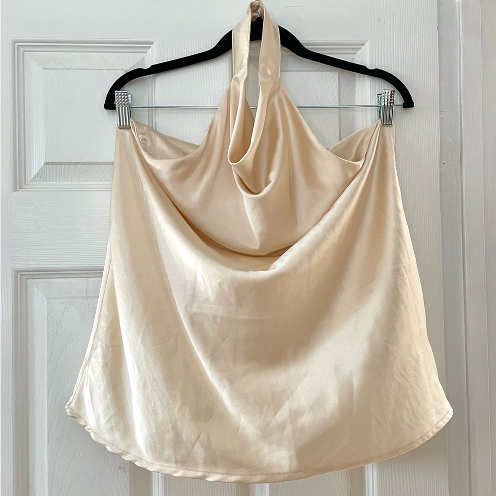 Cream Satin Halter Neck Blouse, Open Back, Large